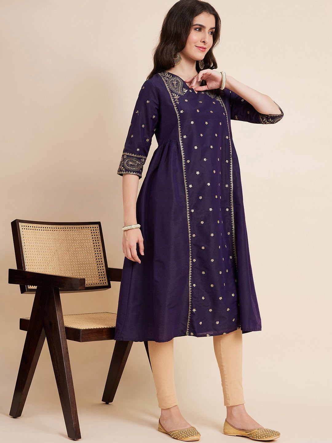 

Sangria Ethnic Motifs Embroidered Sequinned A-Line Kurta, Blue