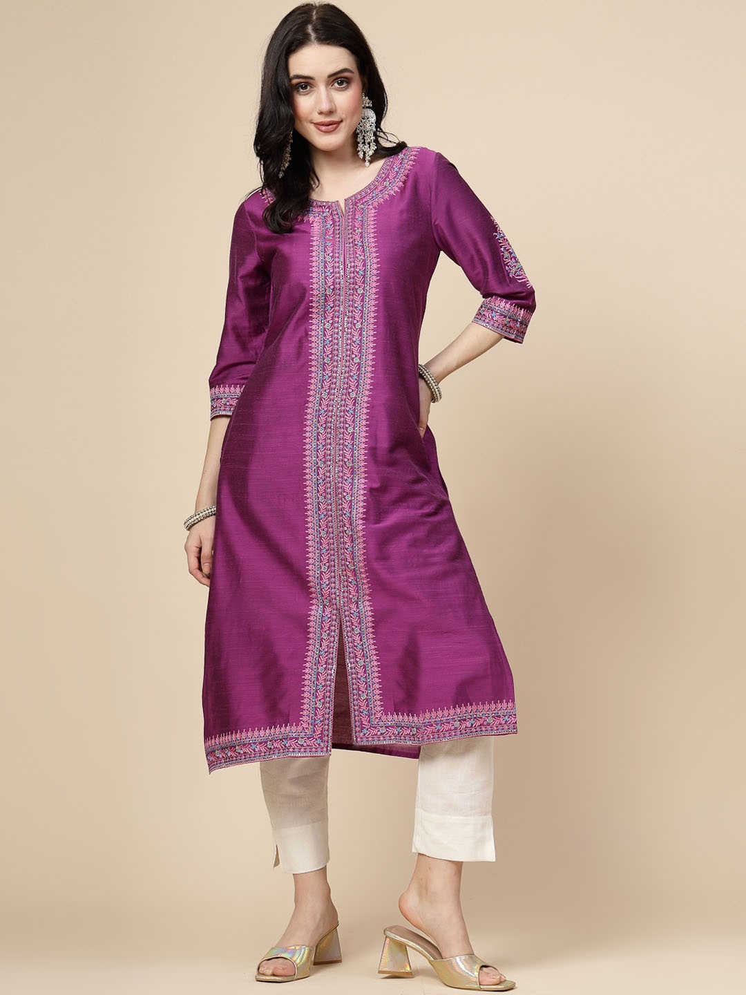 

Sangria Floral Embroidered Sequinned A-Line Kurta, Purple