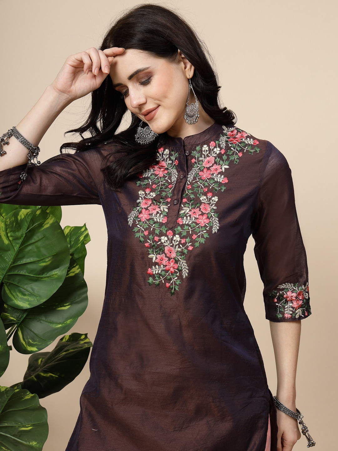 

Sangria Brown Floral Embroidered Chanderi Silk Straight Kurta