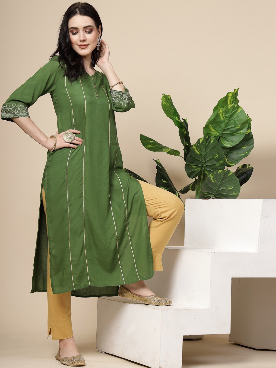 

Sangria Green Striped V-Neck Straight Kurta