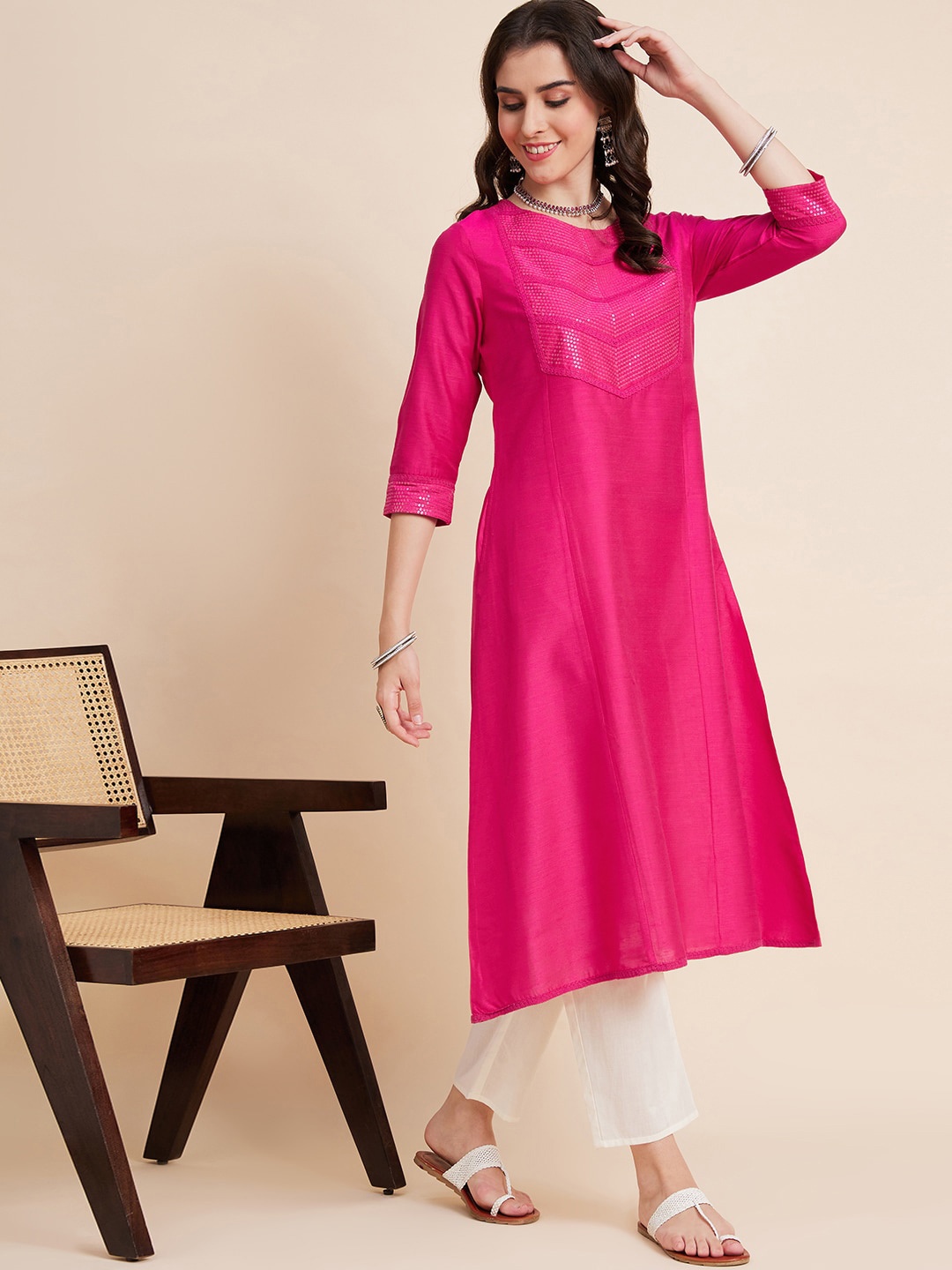 

Sangria Pink Yoke Design Sequinned A-Line Kurta