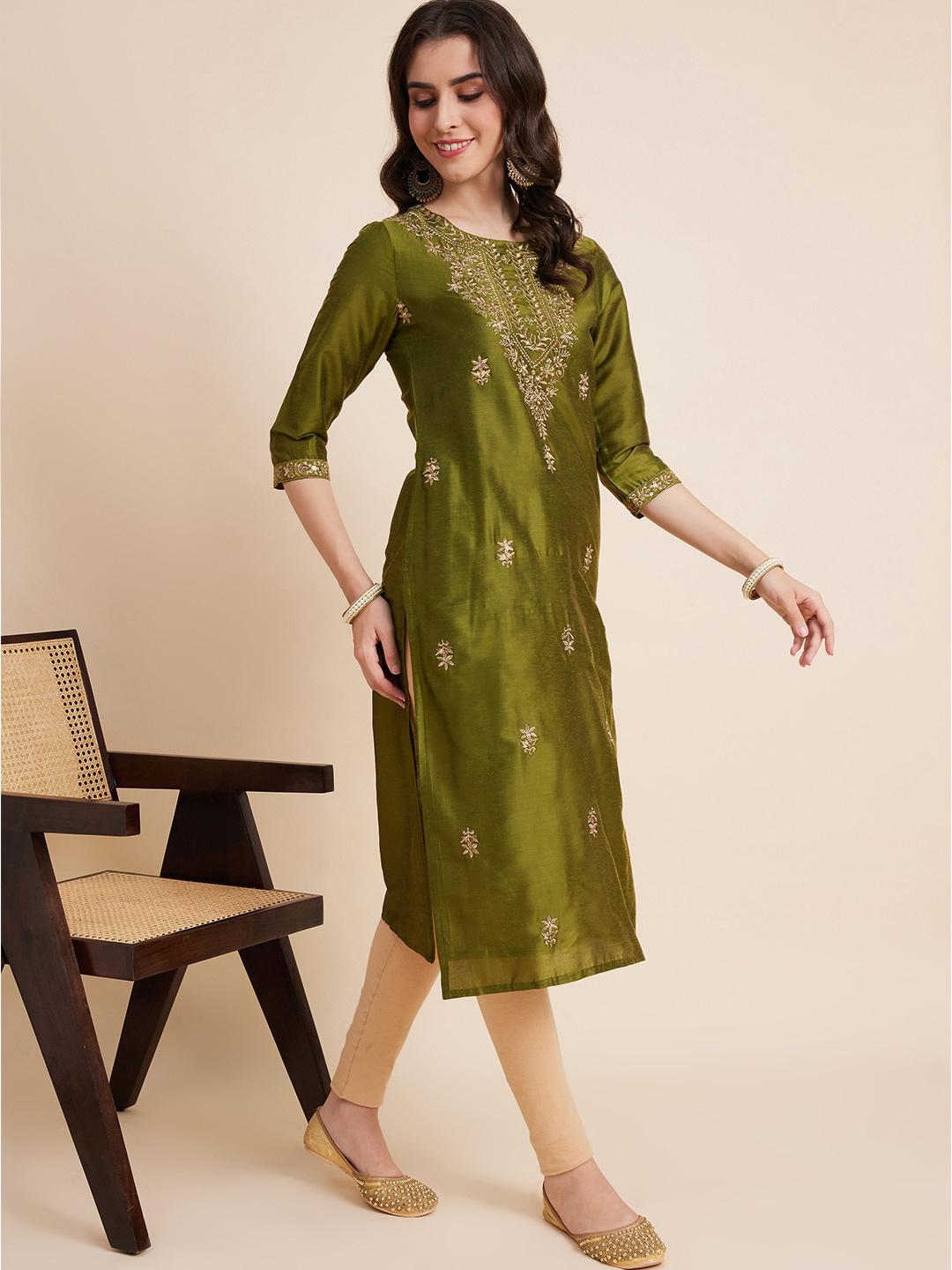 

Sangria Floral Embroidered Straight Kurtas, Green