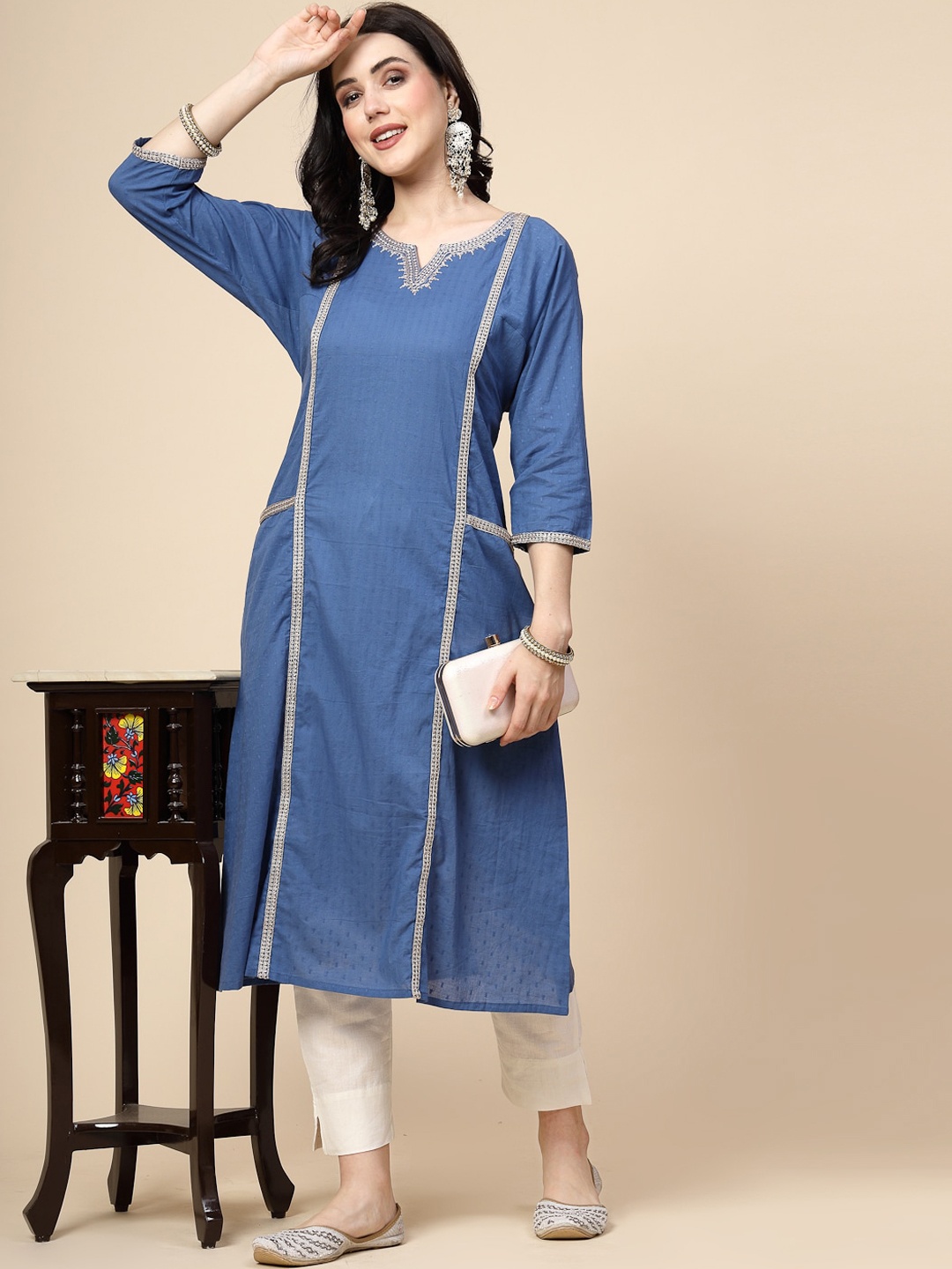 

Ramas Thread Work Cotton Straight Kurta, Blue