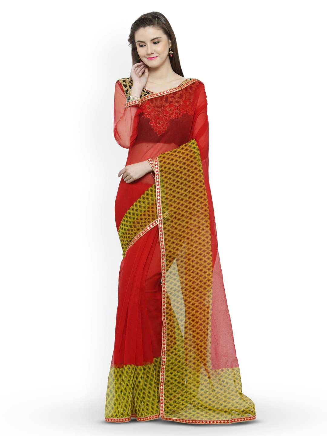 

KALINI Geometric Printed Gotta Patti Net Saree, Red