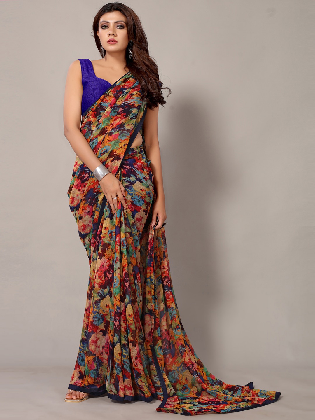 

KALINI Floral Poly Georgette Saree, Blue