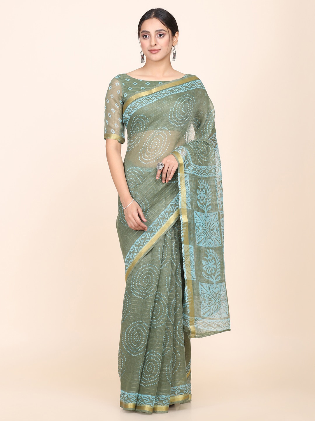 

KALINI Geometric Printed Saree, Green