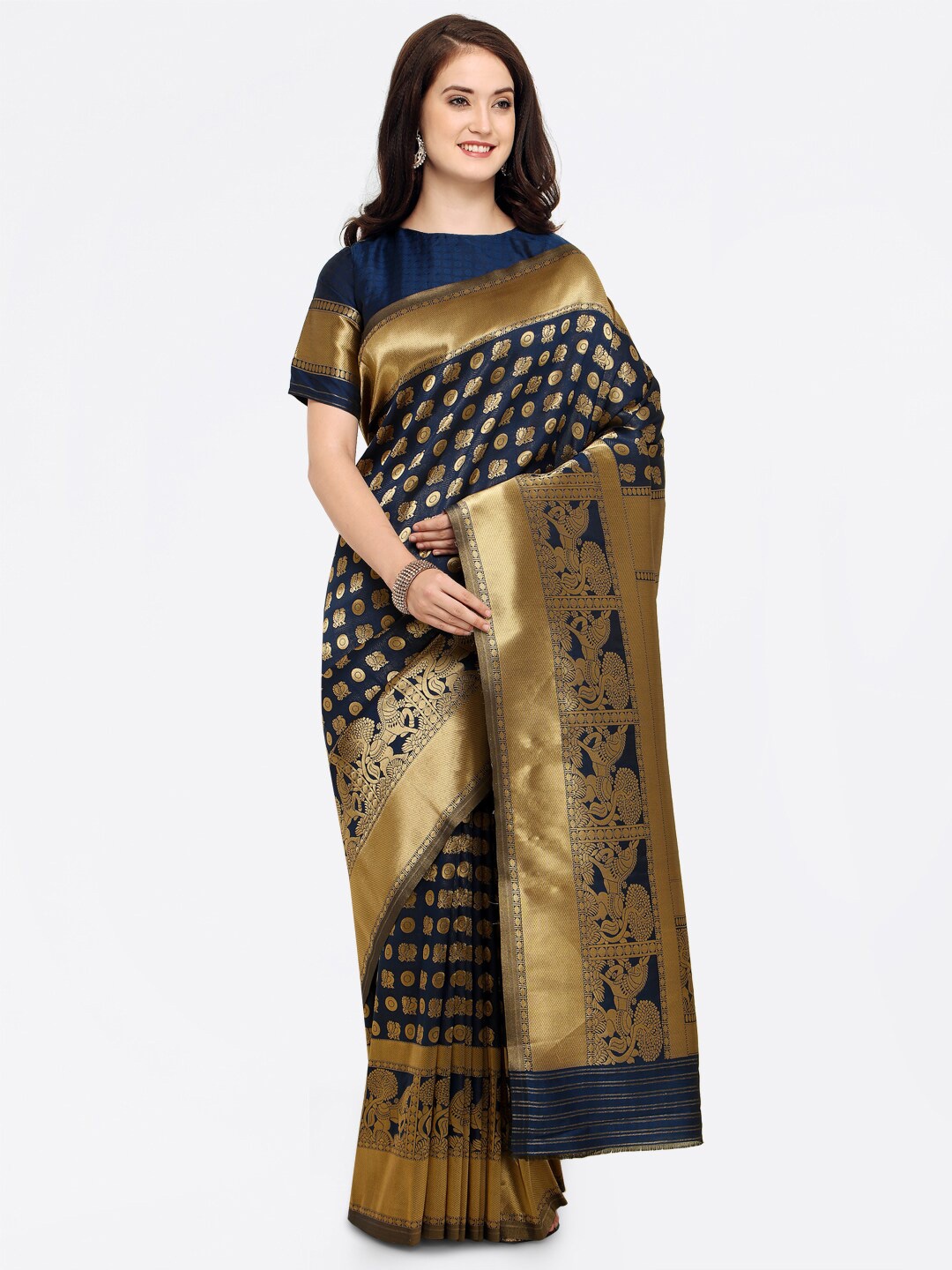 

KALINI Ethnic Motifs Woven Design Zari Saree, Navy blue