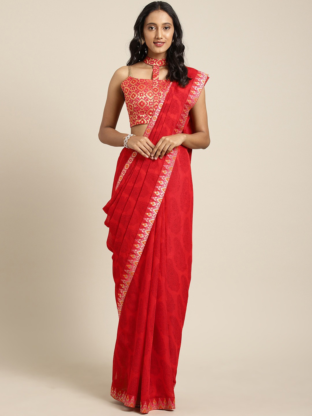 

KALINI Ethnic Motifs Printed Woven Design Border Saree, Red