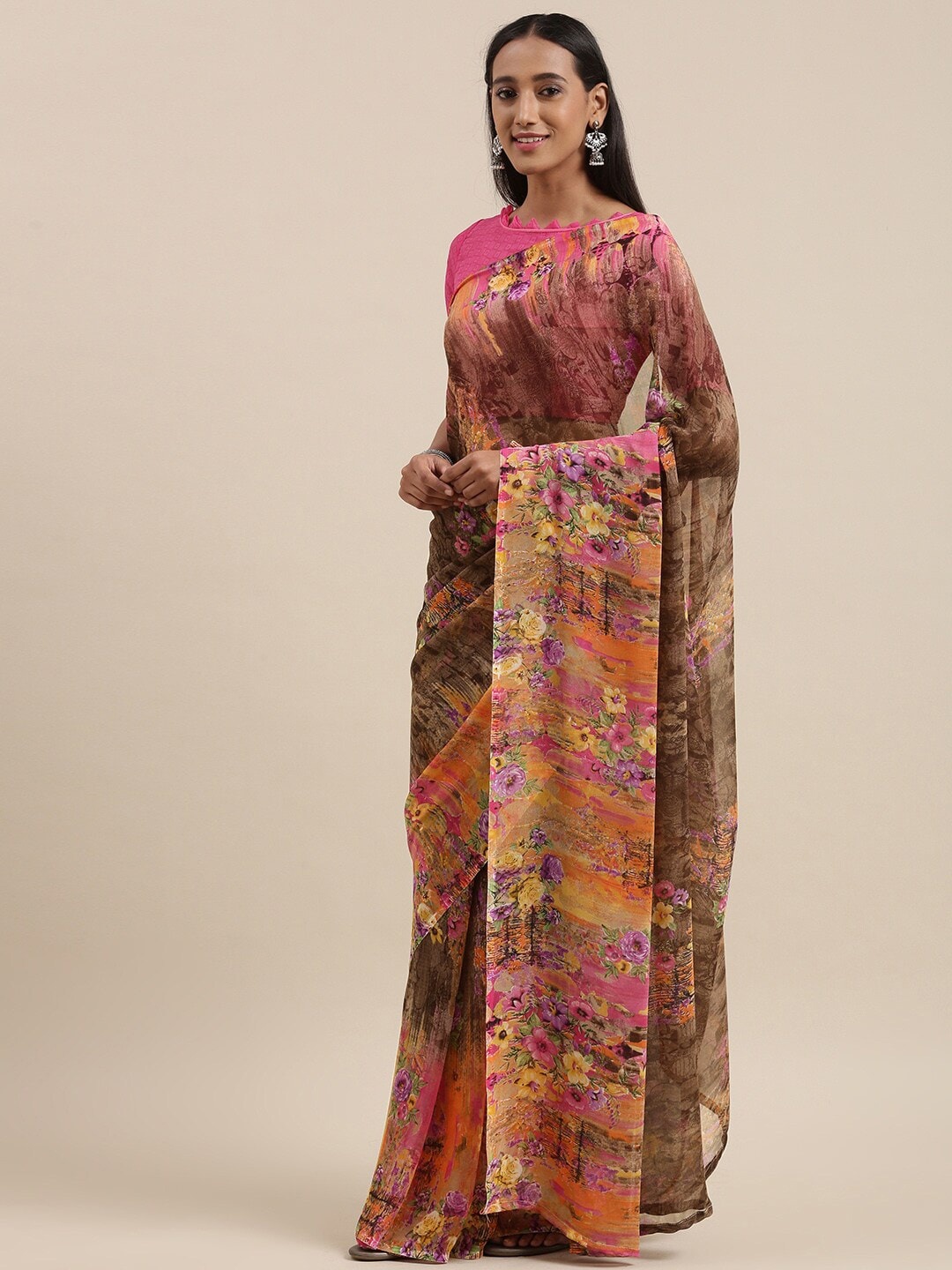 KALINI Floral Printed Saree, Brown