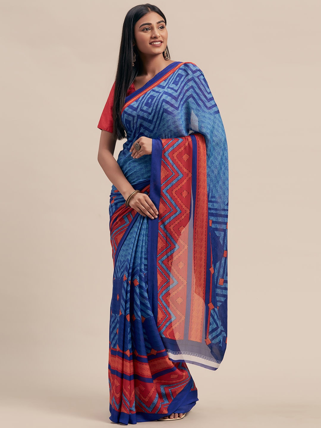 

KALINI Geometric Printed Saree, Blue