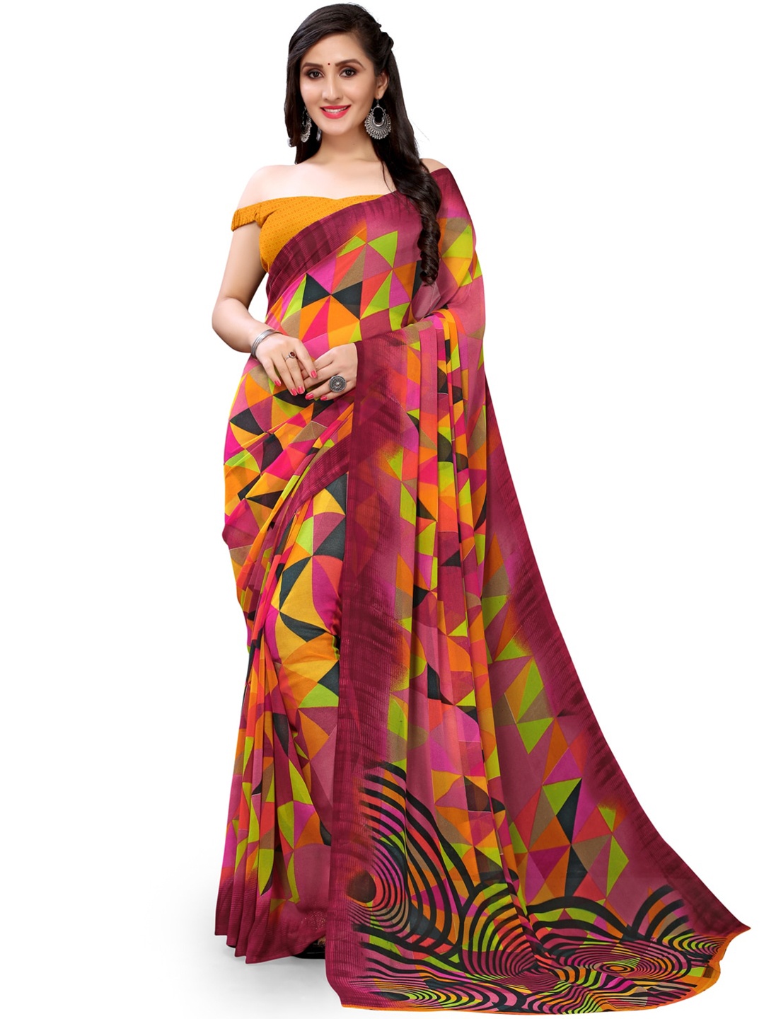 

KALINI Geometric Printed Saree, Maroon