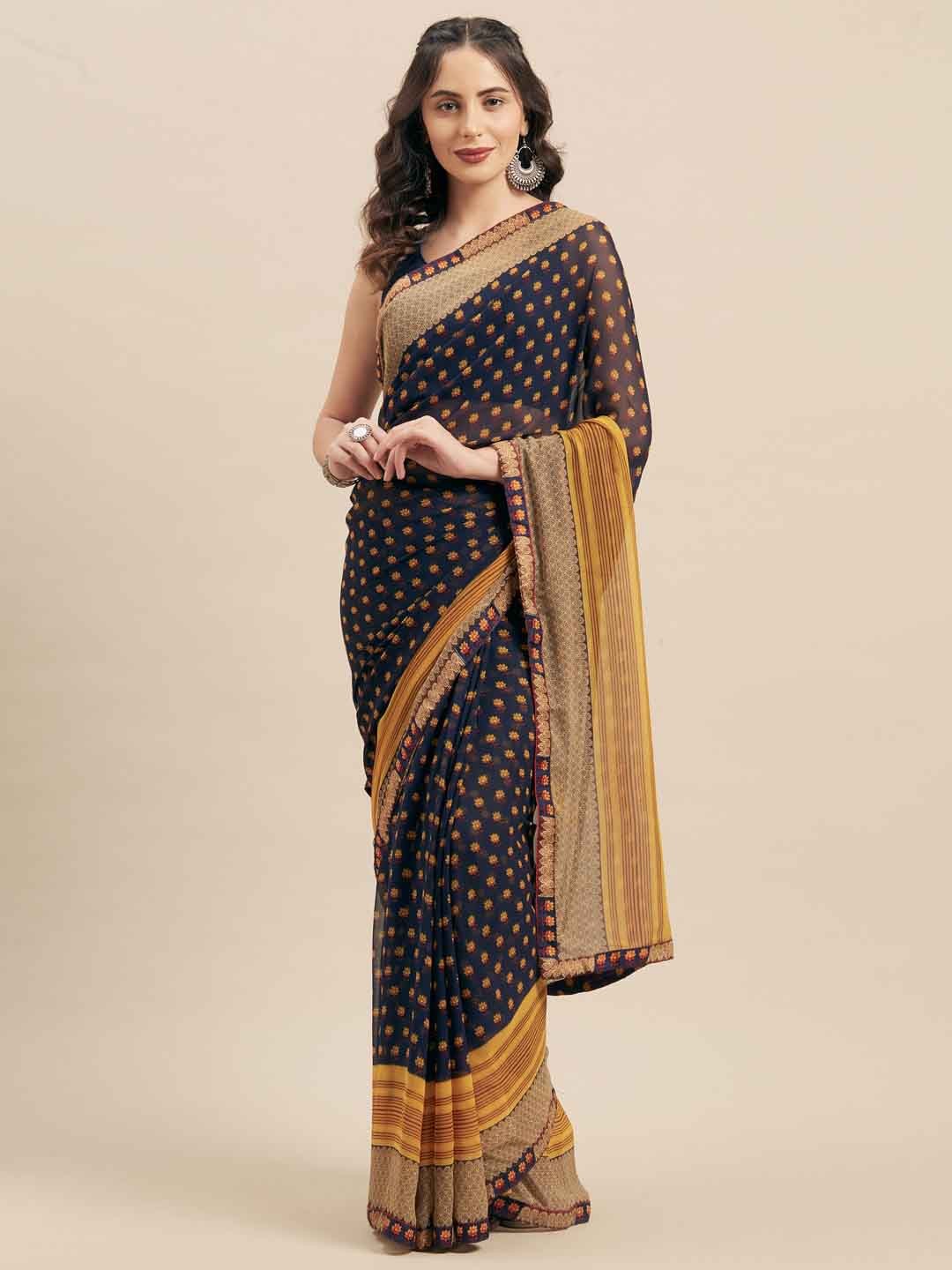 

KALINI Floral Printed Saree, Navy blue