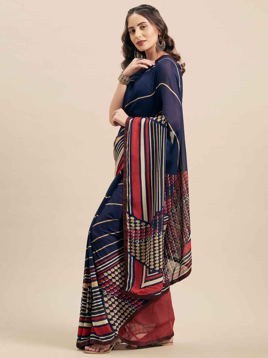 

KALINI Striped Saree, Navy blue