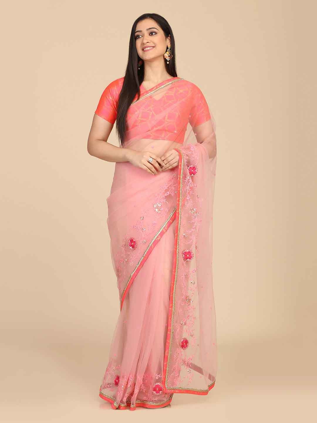 

KALINI Floral Printed Sequinned Net Saree, Pink