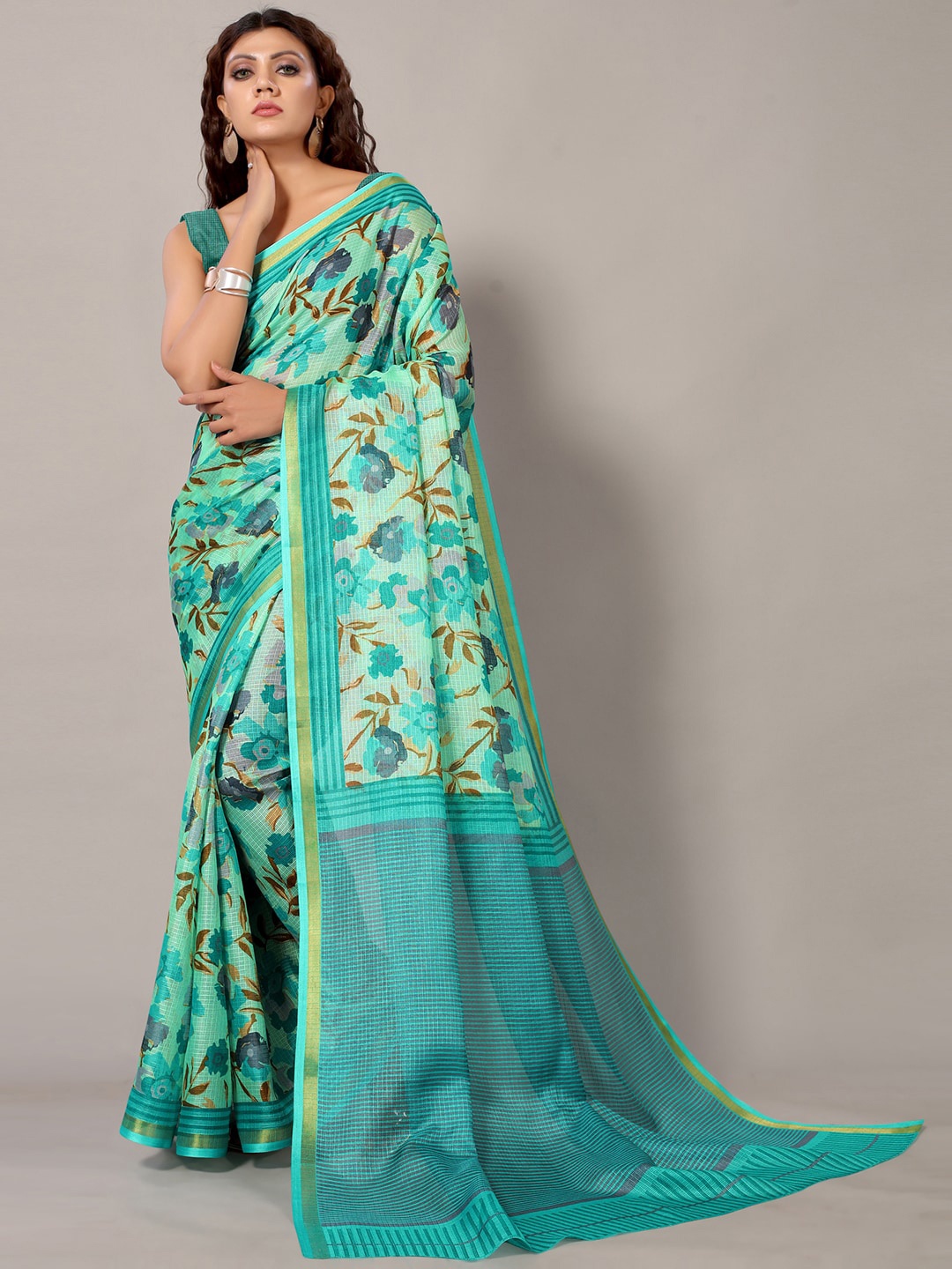 

KALINI Floral Printed Zari Saree, Turquoise blue