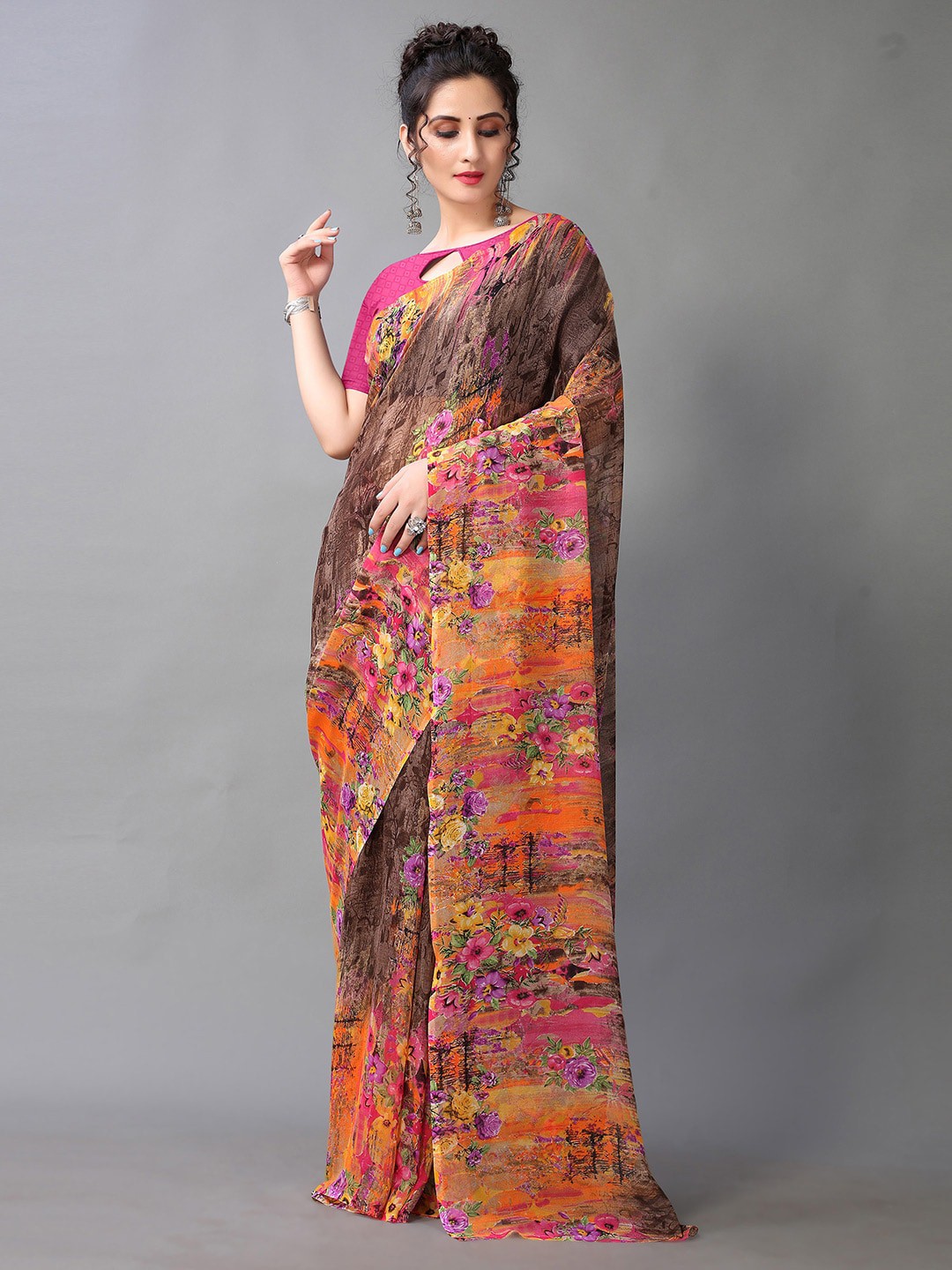 

KALINI Abstract Printed Saree, Brown