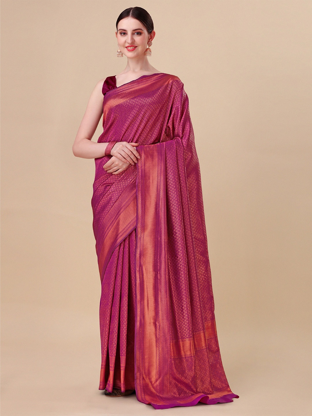 

Naishu Trendz Geometric Woven Design Zari Pure Silk Kanjeevaram Saree, Purple