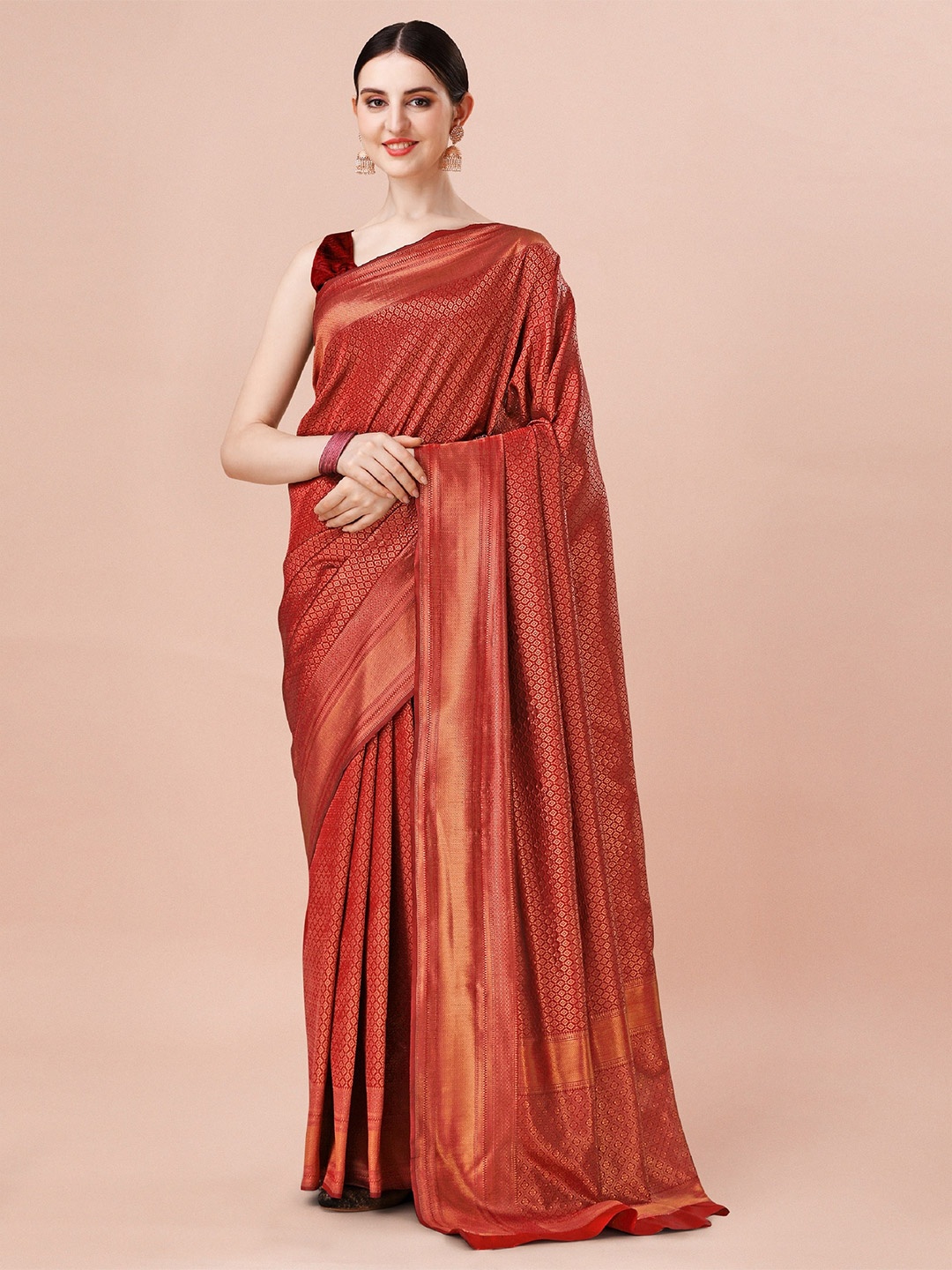 

Naishu Trendz Geometric Woven Design Zari Pure Silk Kanjeevaram Saree, Red