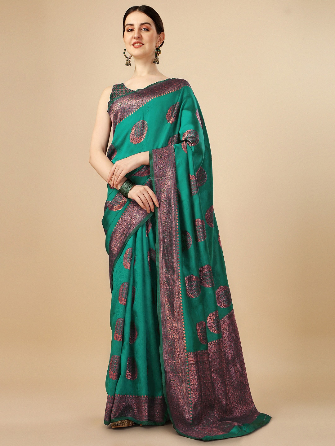 

Naishu Trendz Ethnic Motifs Woven Design Zari Pure Silk Kanjeevaram Saree, Teal