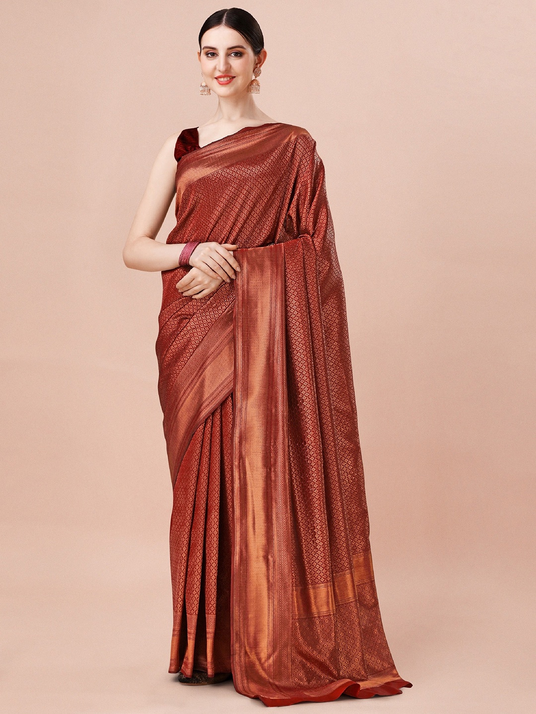 

Naishu Trendz Geometric Woven Design Zari Pure Silk Kanjeevaram Saree, Maroon