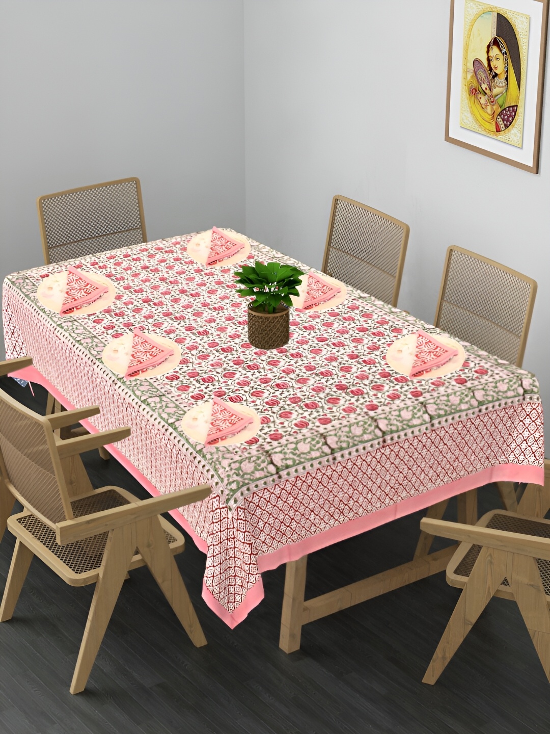 

Bohekant Pink Floral Cotton 6-Seater Table Cover with Textured details