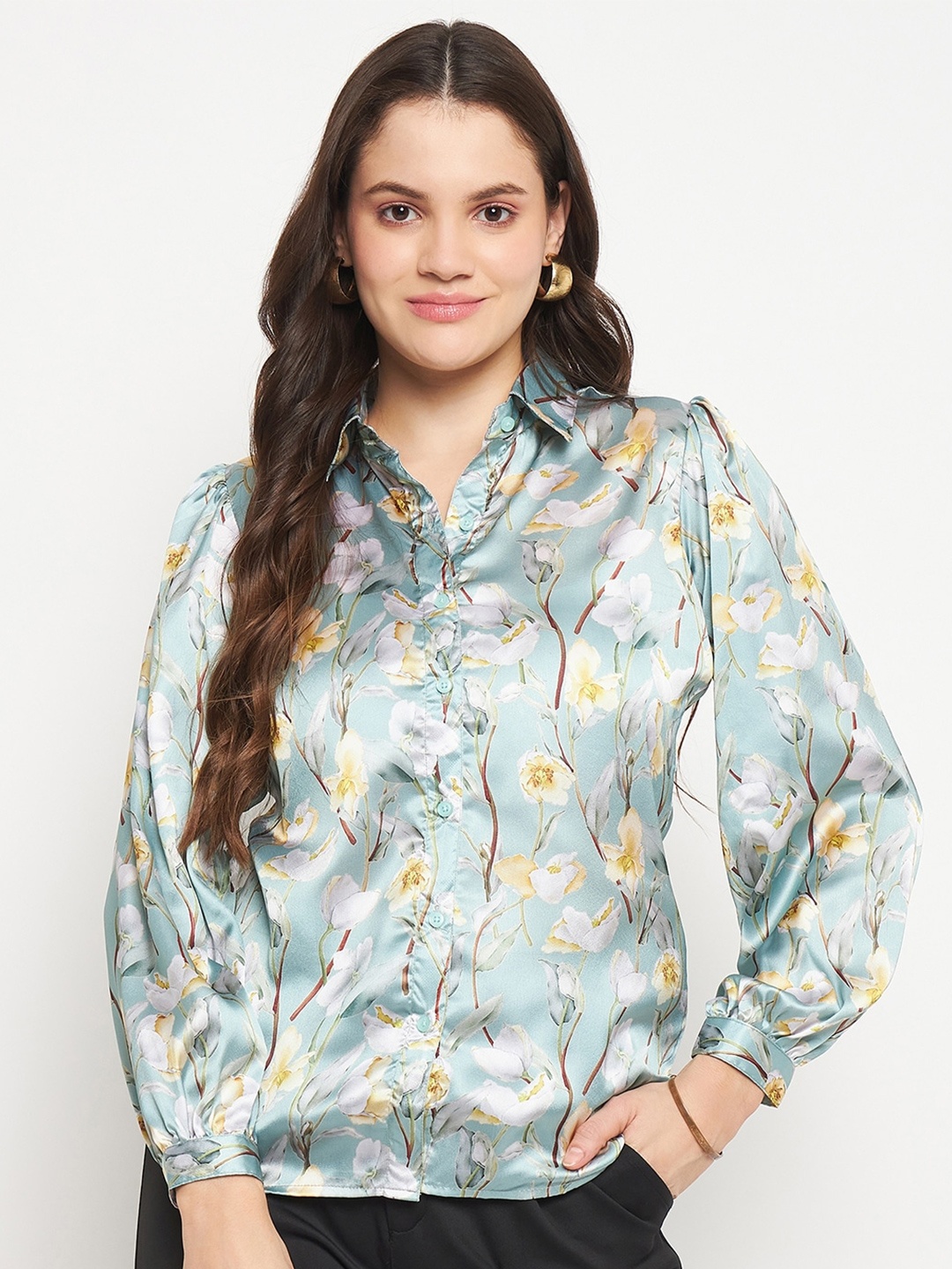 

Urban Komfort Premium Floral Printed Satin Casual Shirt, Green