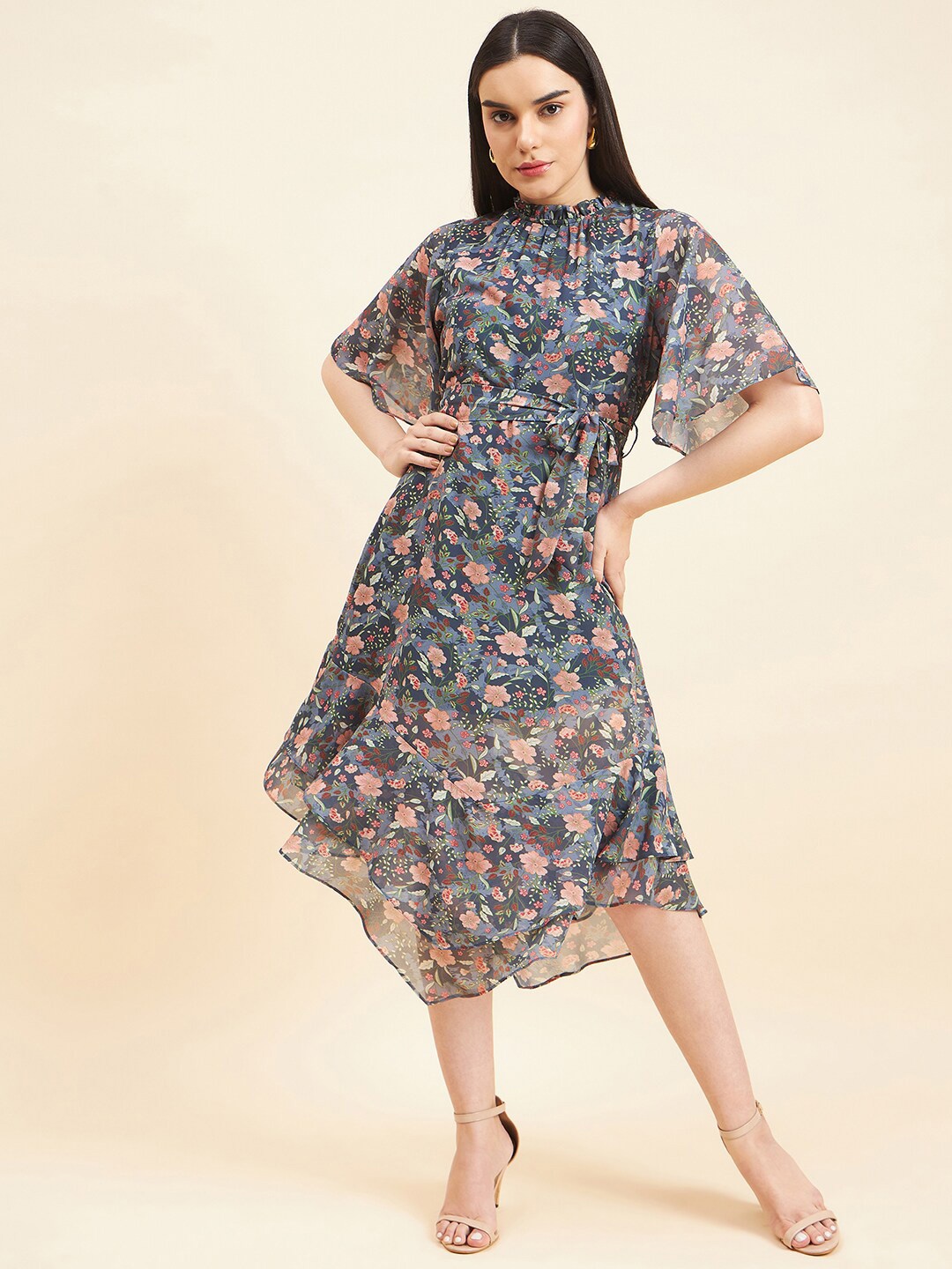 

Gipsy High Neck Floral Print Short Flared Sleeve Georgette A-Line Midi Dress, Grey