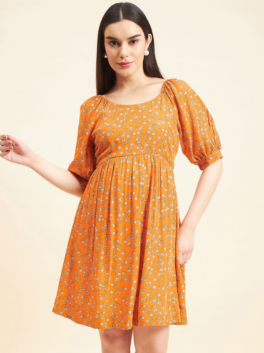 

Gipsy Round Neck Floral Print Short Puff Sleeve A-Line Midi Dress, Orange