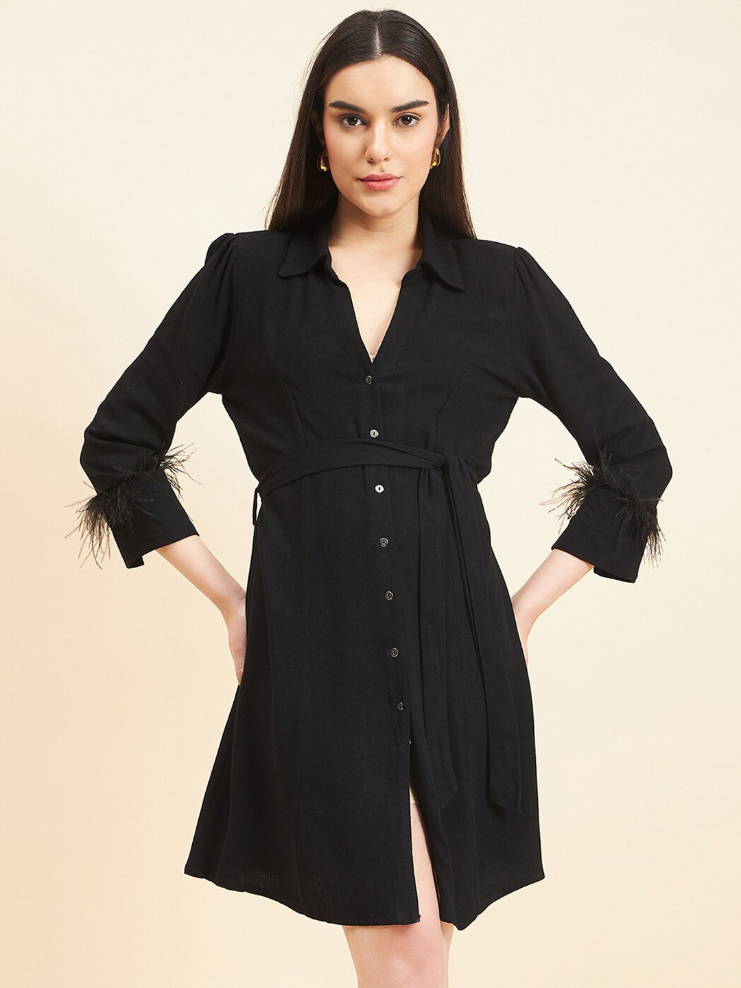 

Gipsy Shirt Collar Linen Dress with Belt, Black
