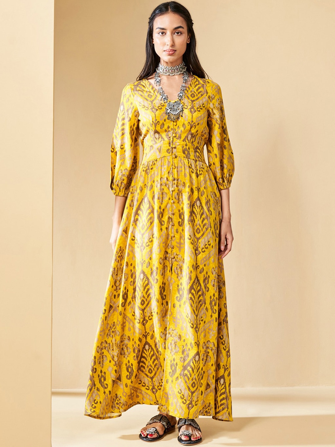 

Global Desi Ethnic Motifs Printed Cuffed Sleeves Smocked Fit & Flare Ethnic Dress, Mustard