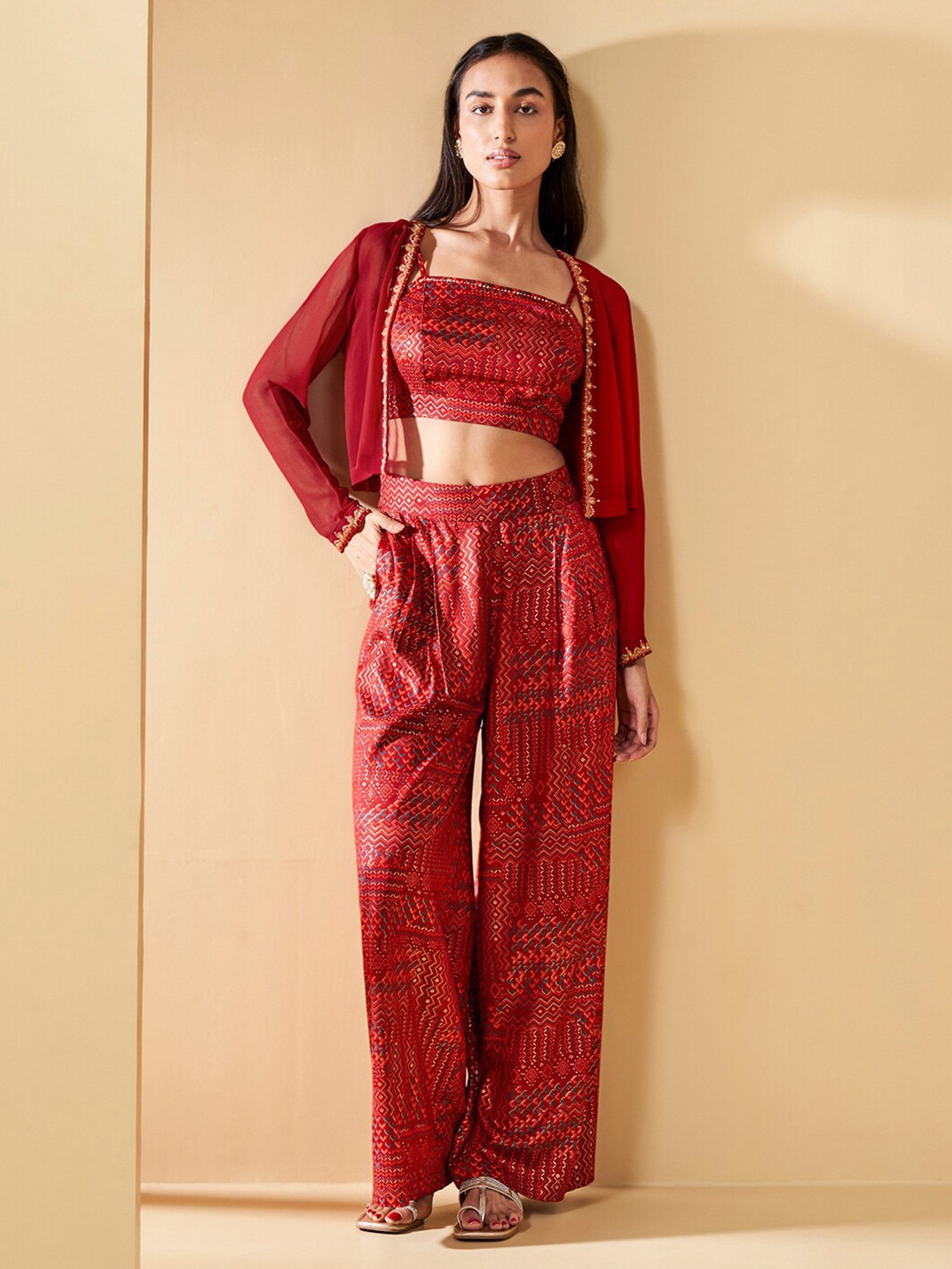 

Global Desi Printed Top With Palazzo, Red