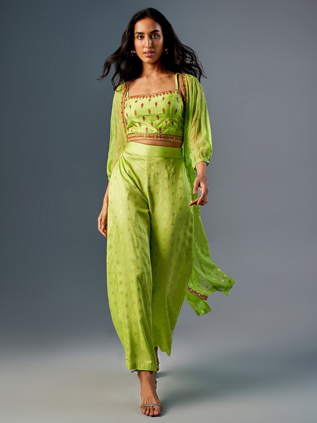 

Global Desi Printed Top With Palazzo, Lime green