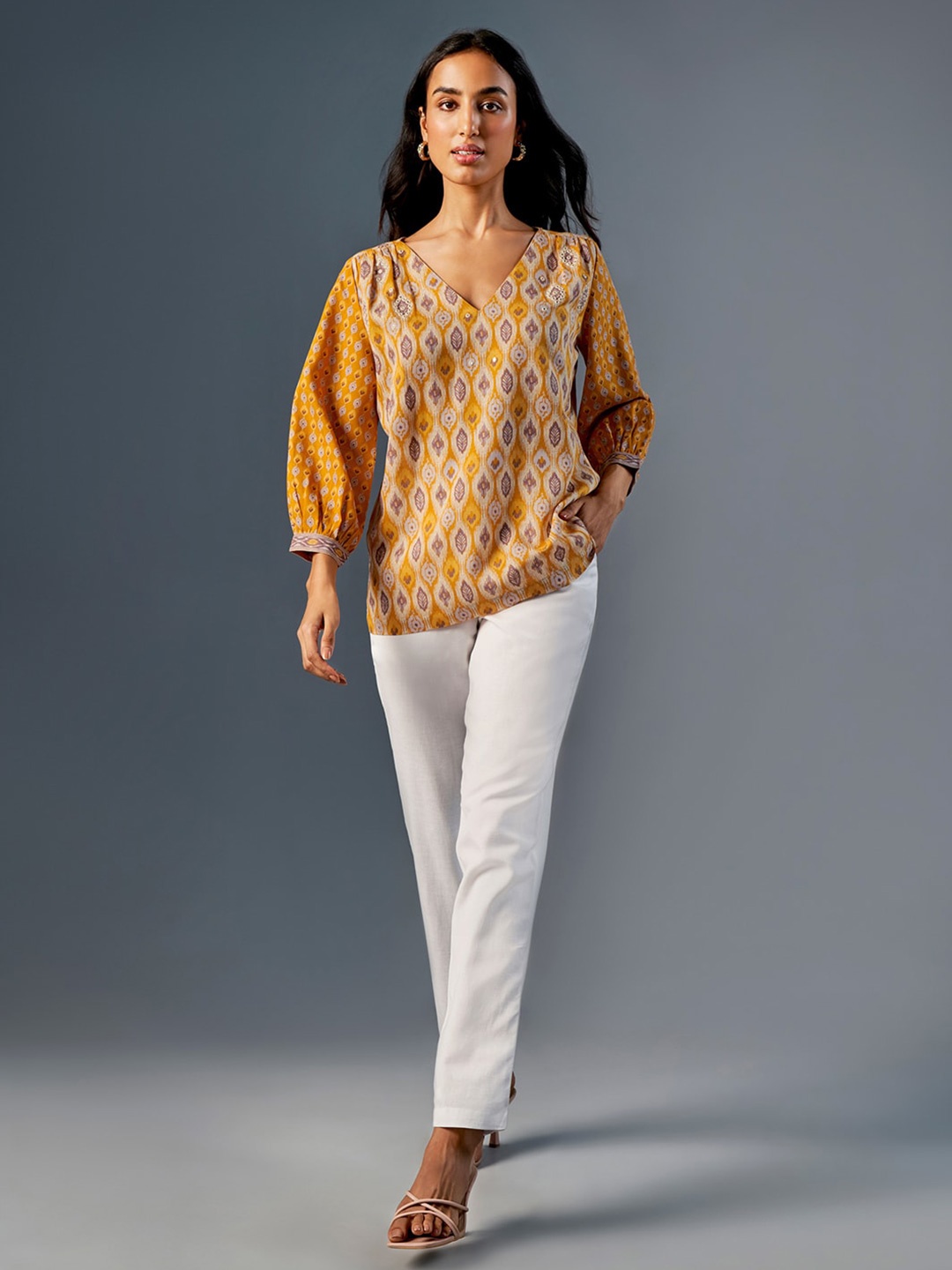 

Global Desi Ethnic Motifs Printed V-Neck Puff Sleeve Top, Mustard