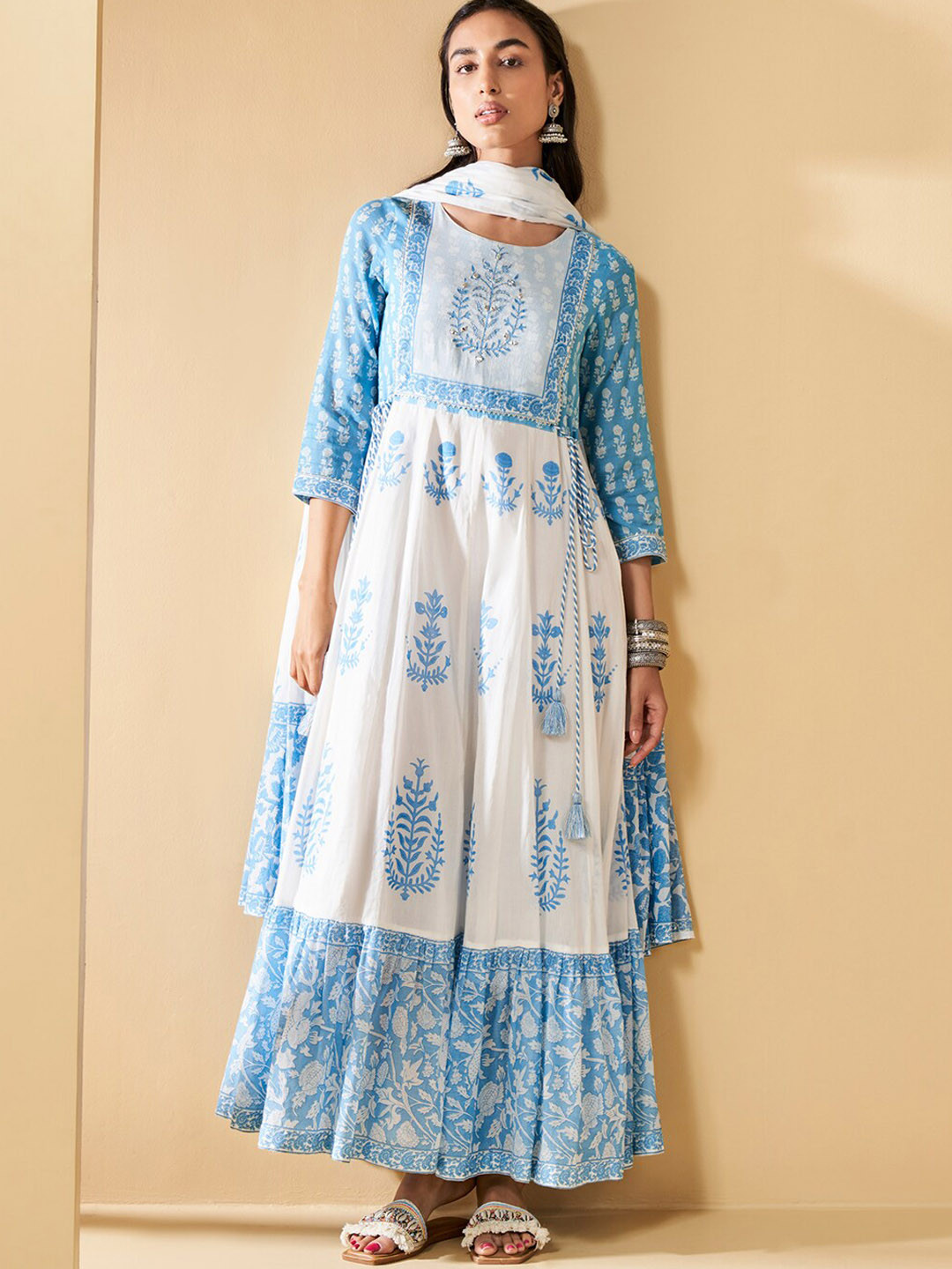 

Global Desi Ethnic Motifs Printed Pure Cotton Anarkali Kurta, Blue