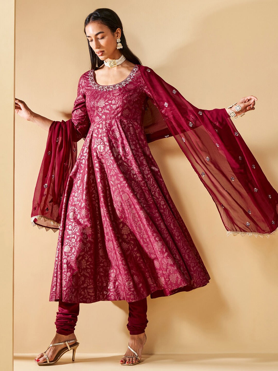 

Global Desi Floral Printed Empire Thread Work Kurta with Churidar & Dupatta, Maroon