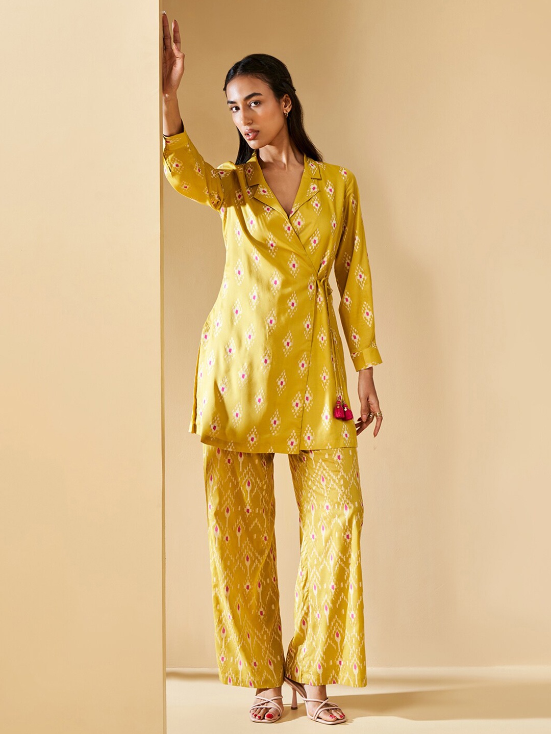 

Global Desi Ethnic Motifs Printed Angrakha Kurta with Palazzos, Mustard