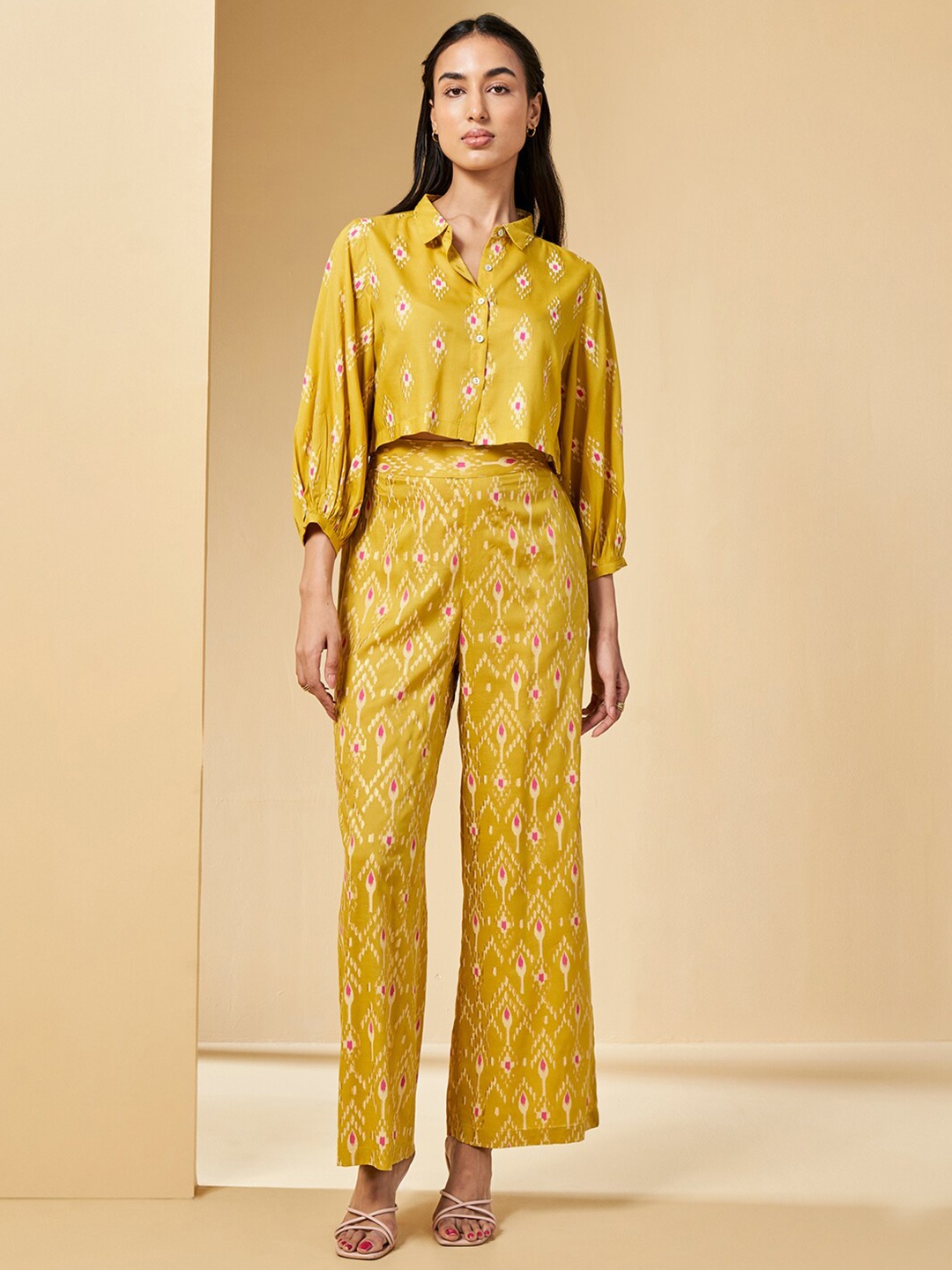 

Global Desi Printed Shirt With Trousers, Mustard