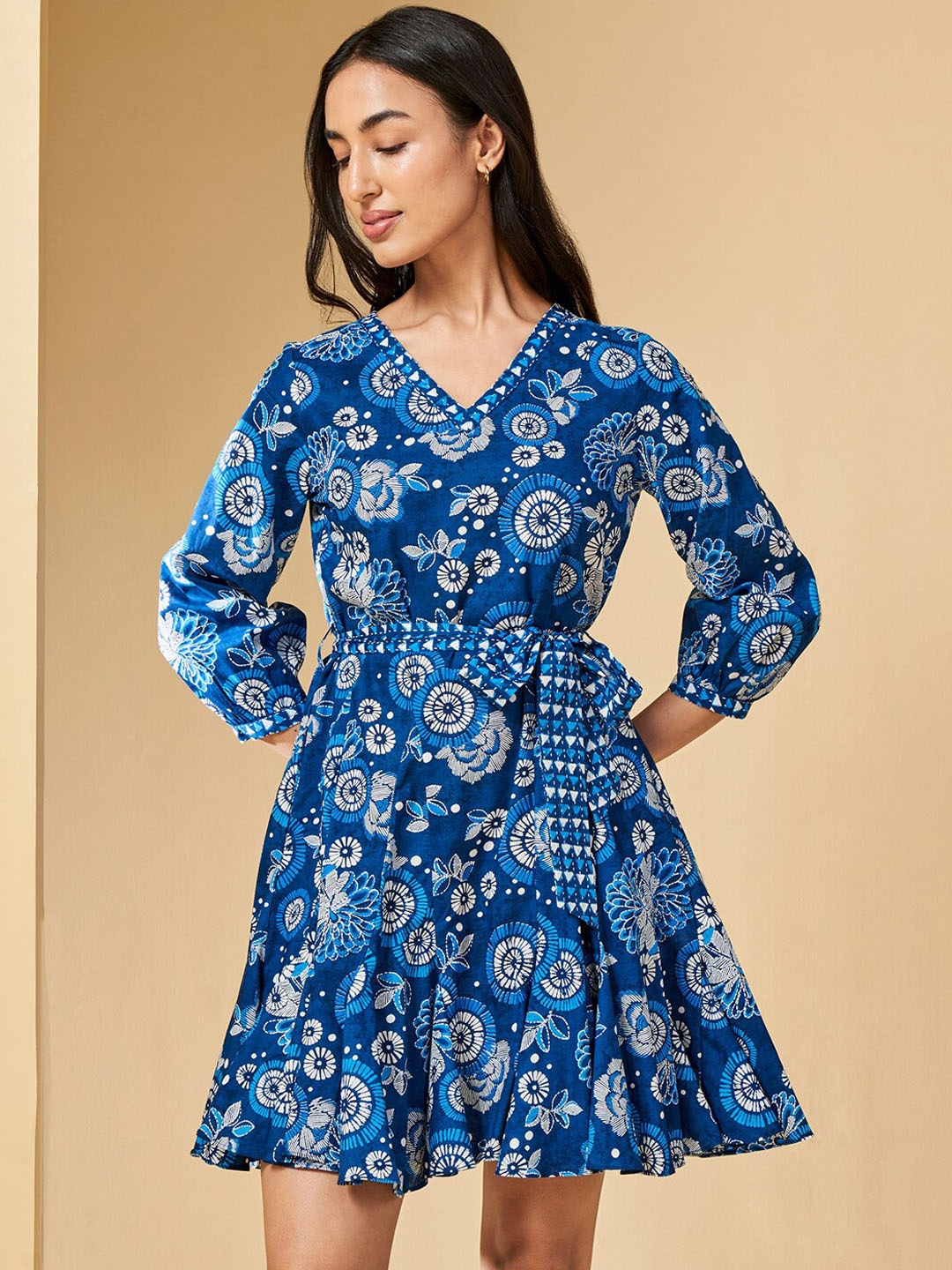 

Global Desi Floral Printed Cuffed Sleeves Gathered Cotton Fit & Flare Ethnic Dress, Blue