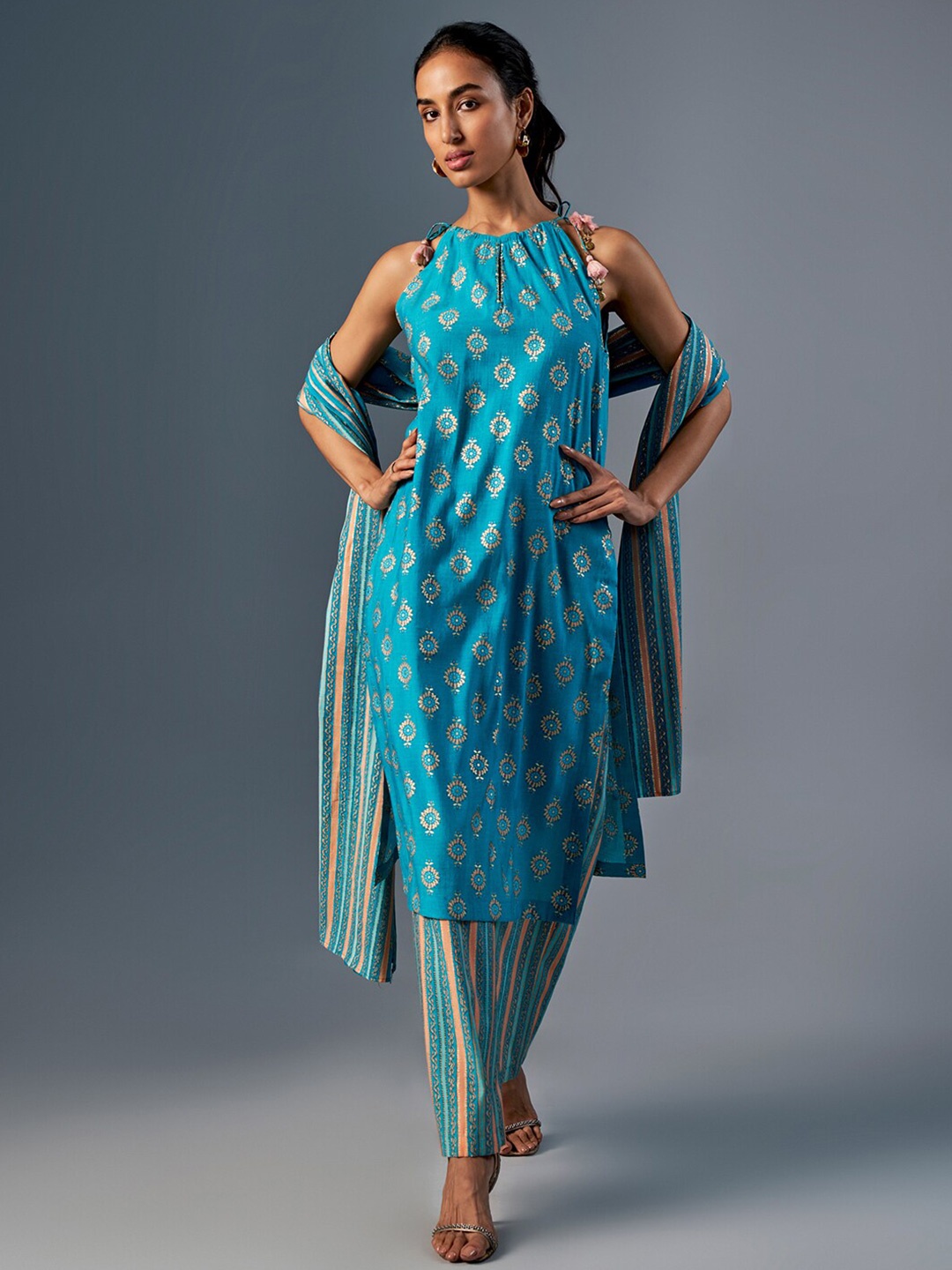 

Global Desi Ethnic Motifs Printed Kurta with Palazzos & With Dupatta, Blue