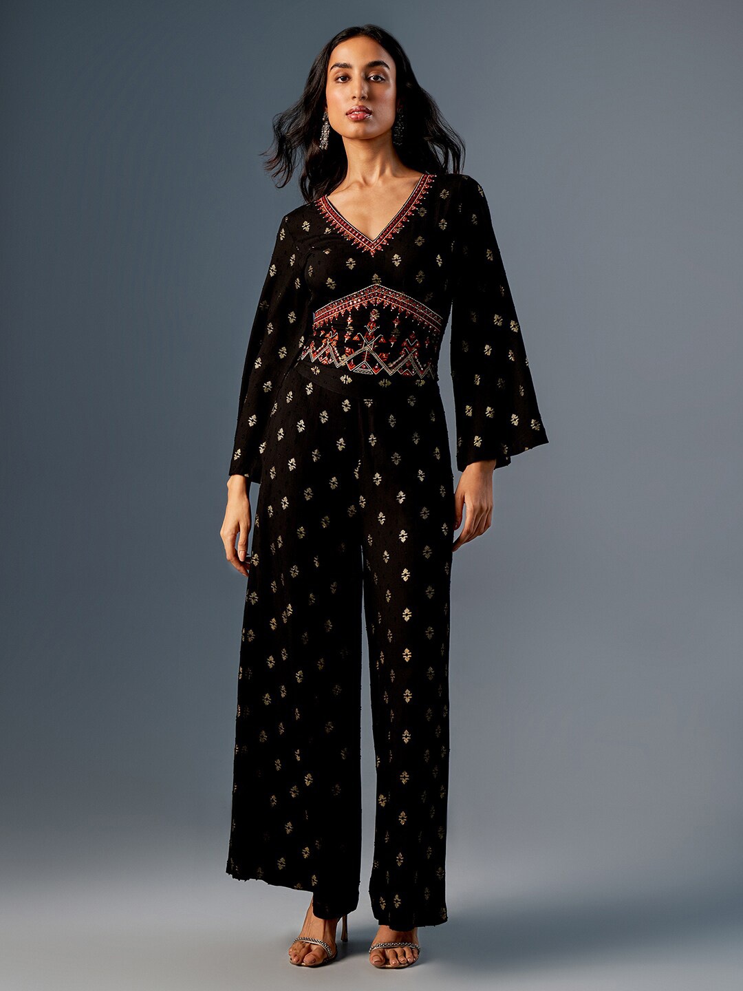 

Global Desi Ethnic Motif Embroidered Top With Trouser, Black