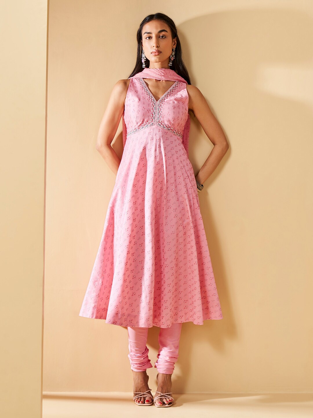 Global Desi Ethnic Motifs Printed V- Neck Sleeveless A-Line Kurta With Churidar & Dupatta, Pink