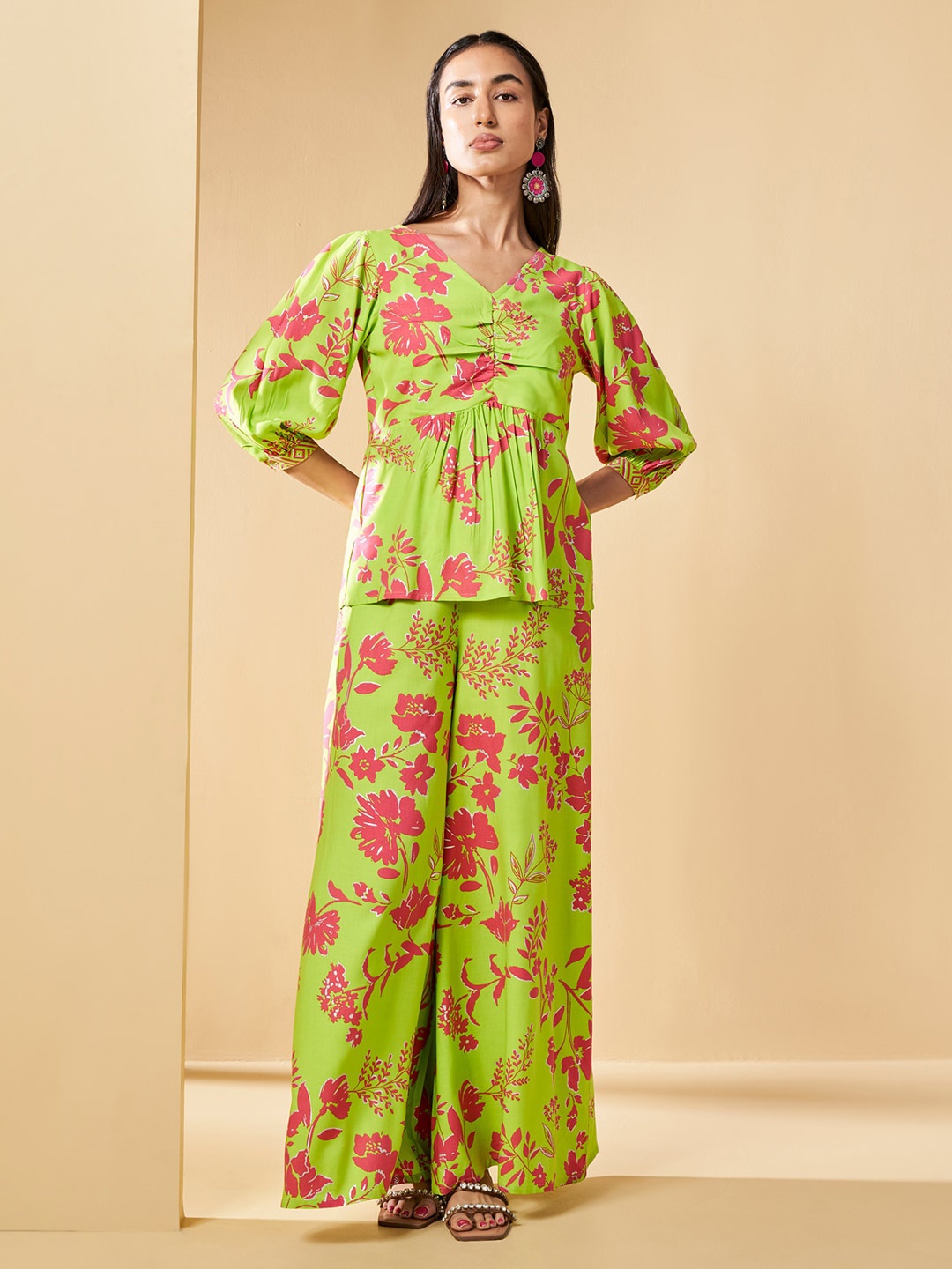 

Global Desi Floral Printed Bell Sleeves Maxi Longline Top, Green
