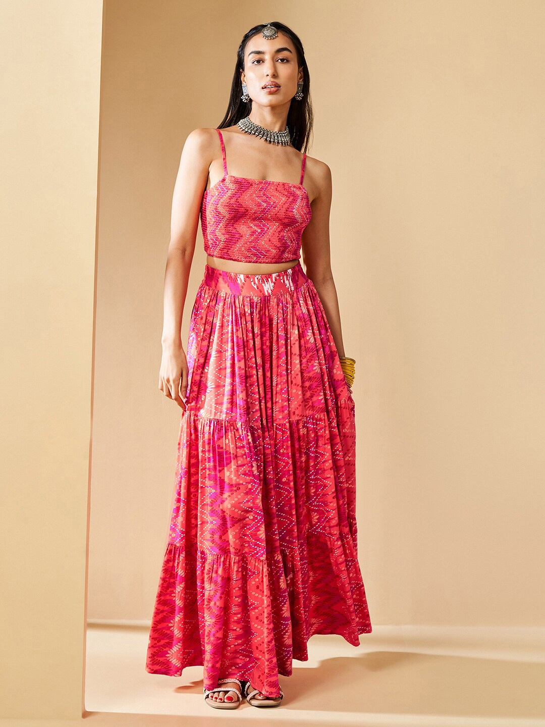 

Global Desi Ethnic Motif Printed Top With Skirt, Peach