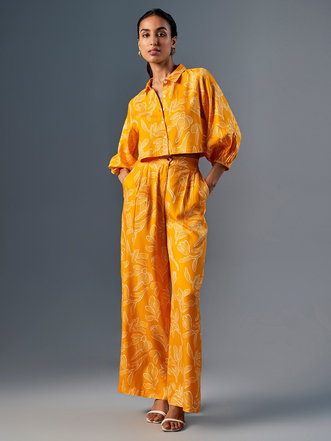 

Global Desi Floral Printed Top & Palazzo, Yellow
