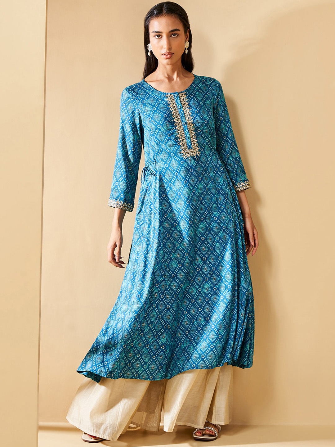 

Global Desi Geometric Printed A-Line Kurta, Blue