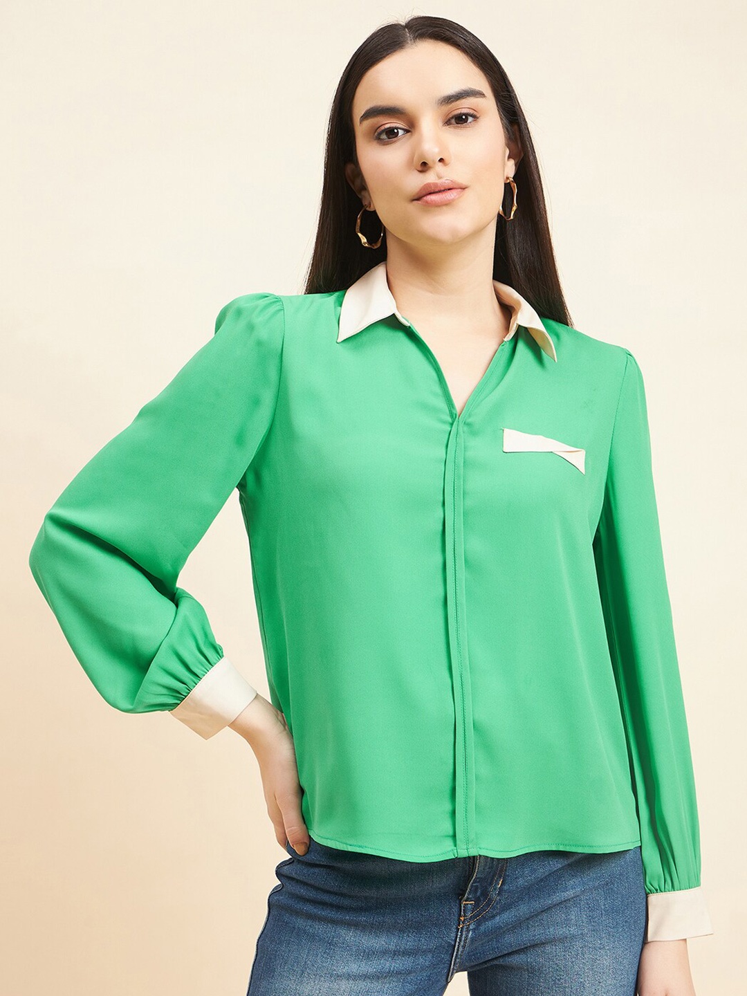 

Gipsy Shirt Collar Cuffed Sleeves Tunic, Green