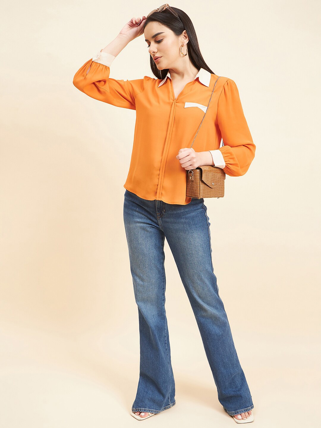 Gipsy Shirt Collar Cuff Sleeves Tunic, Orange