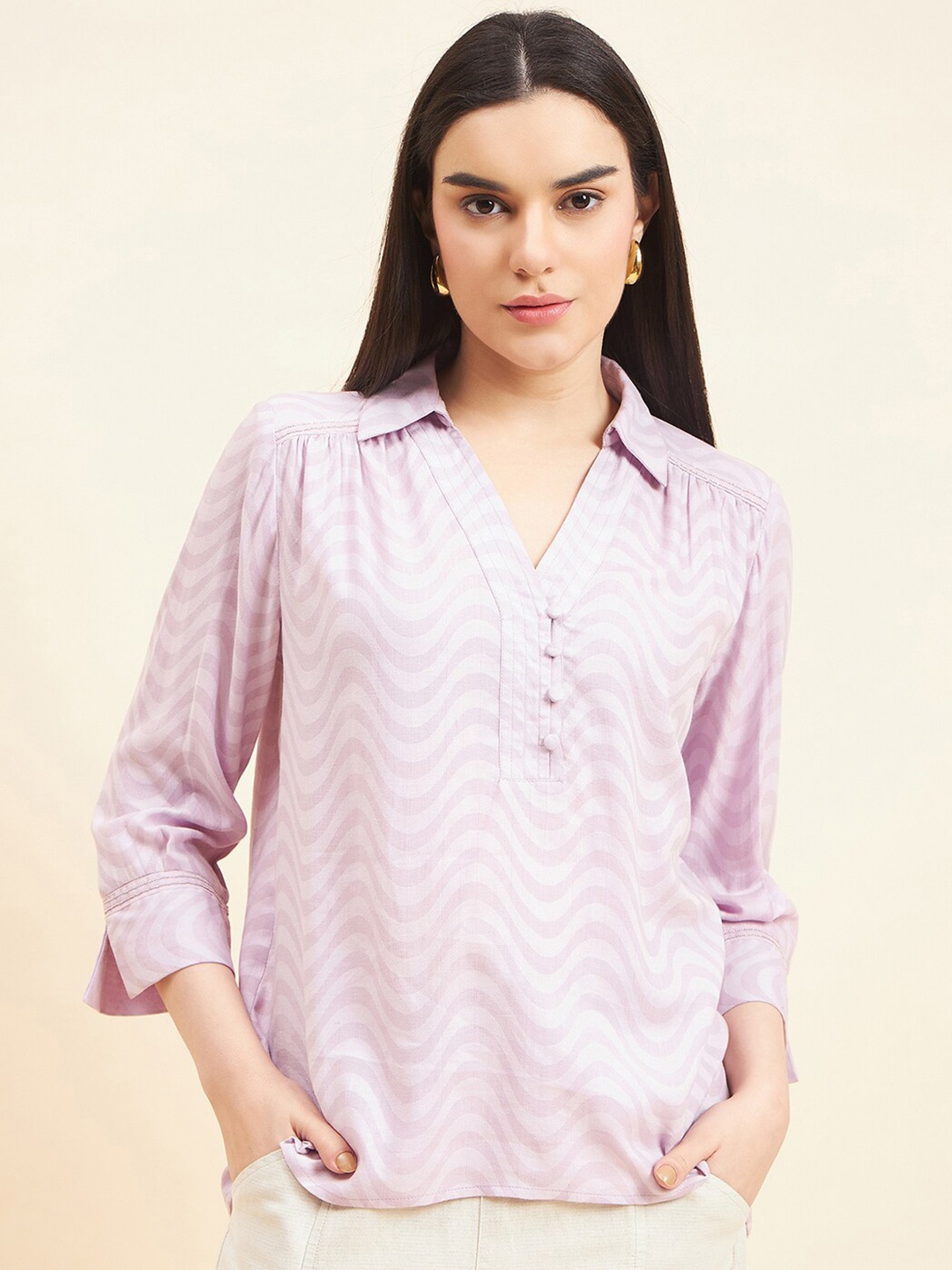 

Gipsy Abstract Printed Shirt Collar Cotton Tunic, Lavender