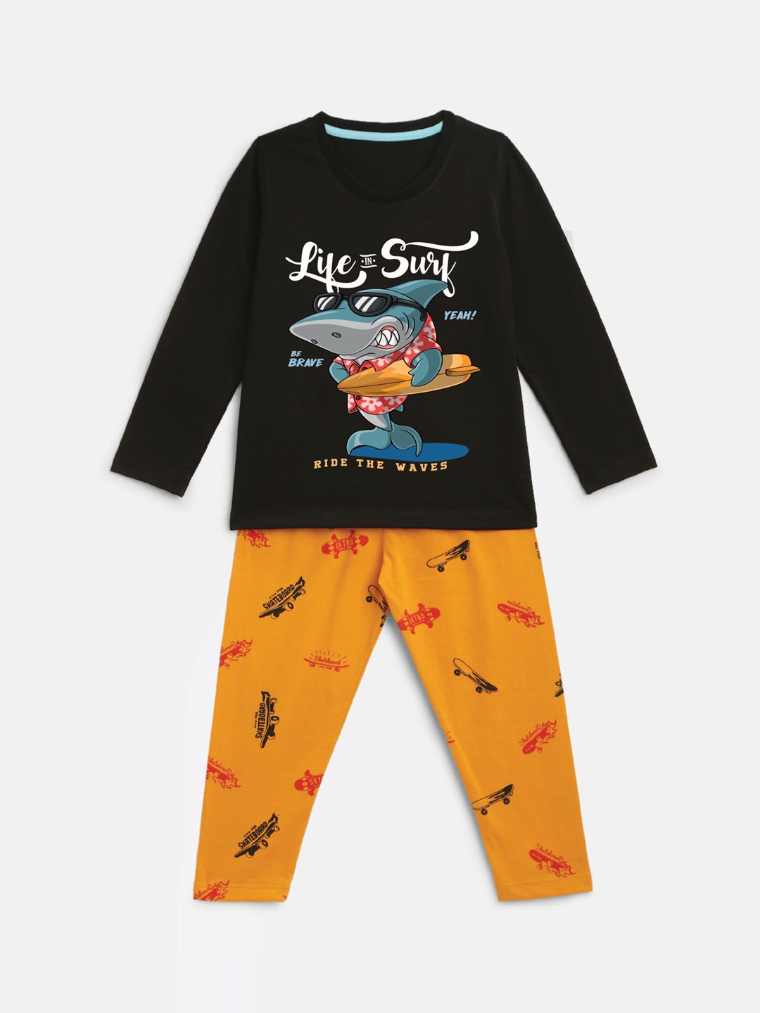 

YK Boys Graphic Printed Night suit, Black