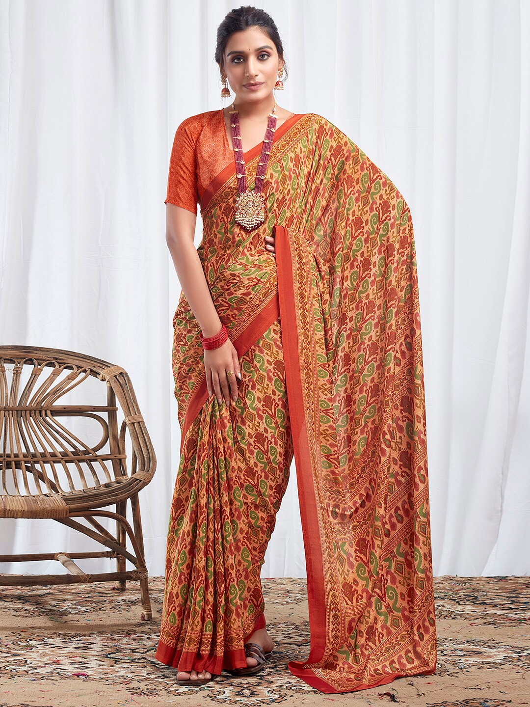 

Satrani Rust & Orange Ethnic Motifs Printed Sungudi Saree